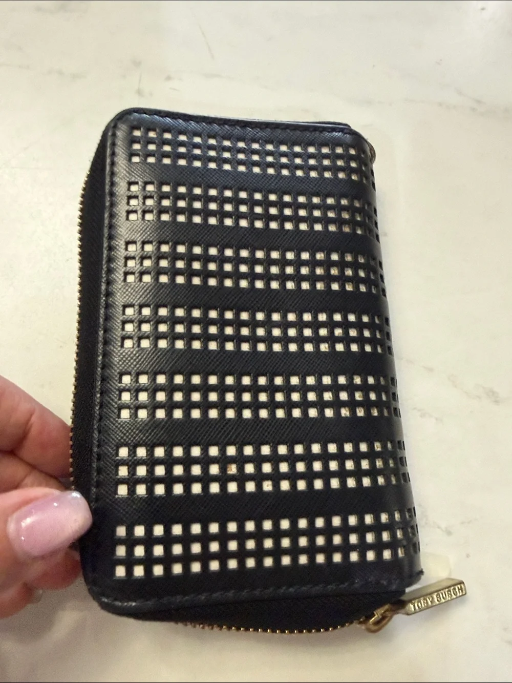 Tory Burch Black Perforated Zip Phone Wallet with Gold Logo